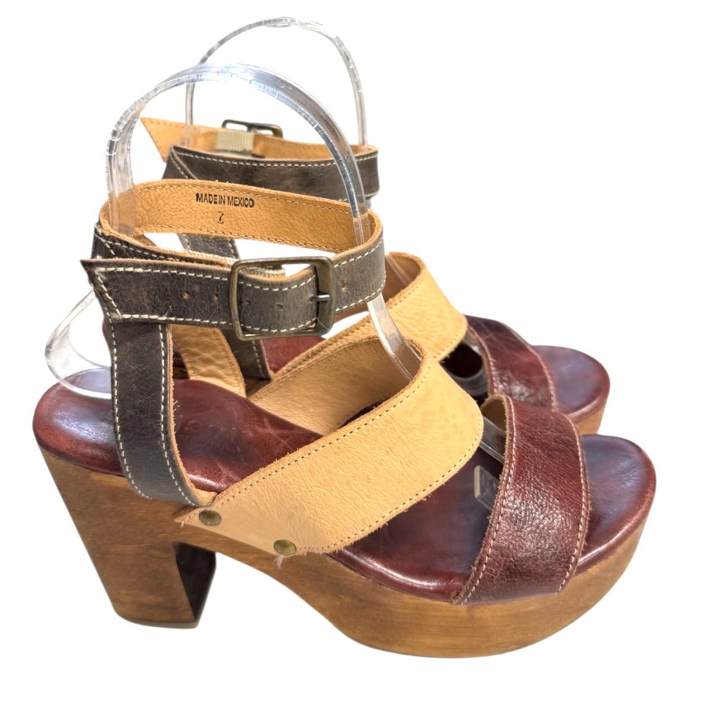 BED|STU Women's Leather Platform Sandals Chunky Wood Size 7